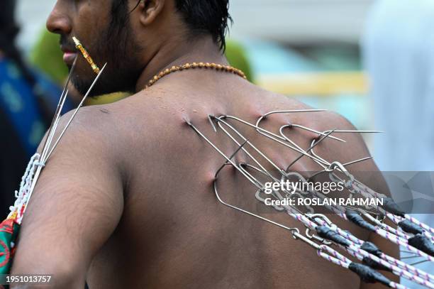 Hindu devotee with multiple piercings takes part in a procession to mark the Thaipusam festival in Singapore on January 25, 2024.