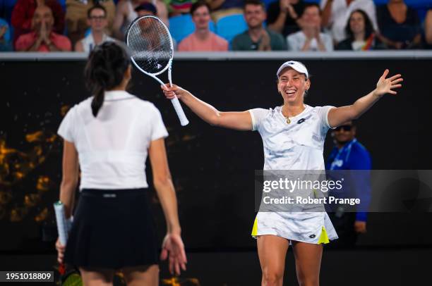 Elise Mertens of Belgium and Su-Wei Hsieh of Chinese Taipeh celebrate defeating Storm Hunter of Australia and Katerina Siniakova of the Czech...