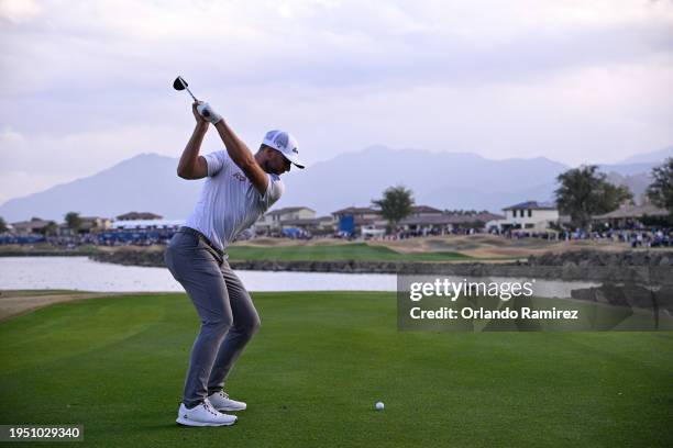 Sam Burns of the United States hits from the 18th hole during the final round of The American Express at Pete Dye Stadium Course on January 21, 2024...