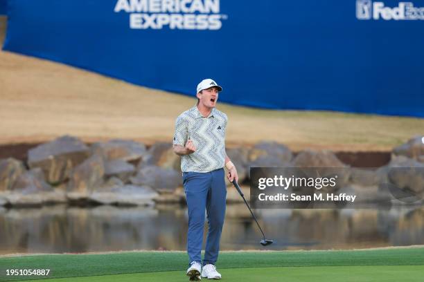 Nick Dunlap of the United States reacts to winning The American Express on the 18th green at Pete Dye Stadium Course on January 21, 2024 in La...
