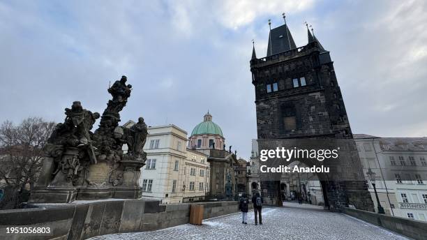 View from the Charles Bridge over the Vltava River, one of the symbols of Prague, Czech Republic on January 14, 2024. The bridge, which was completed...