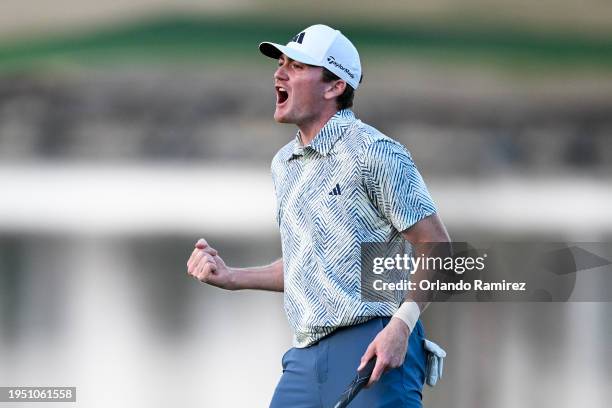Nick Dunlap of the United States reacts to winning The American Express on the 18th green at Pete Dye Stadium Course on January 21, 2024 in La...