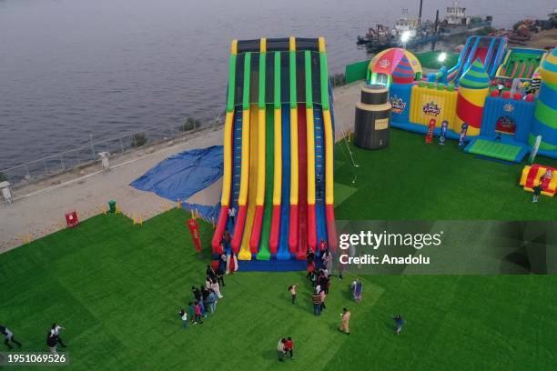 An aerial view of the world's largest jumping castle, certified by the Guinness World Records in Karachi, Pakistan on January 05, 2024.