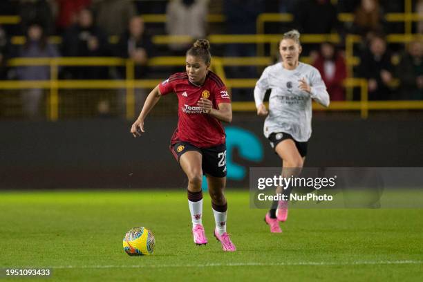 Nikita Parris of Manchester United WFC is playing during the FA Women's League Cup Group B match between Manchester City and Manchester United at the...