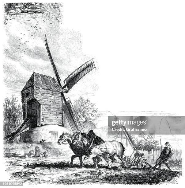 オランダの風車の前で畑を耕す農民のイラスト1857 - 1857年点のイラスト素材／クリップアート素材／マンガ素材／アイ��コン素材