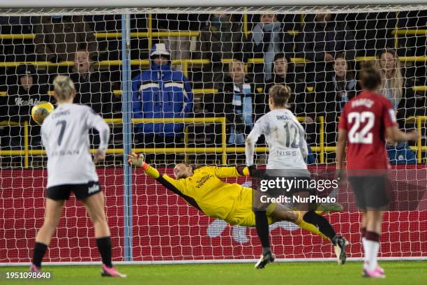 Phallon Tullis-Joyce, #91 of Manchester United WFC, is making a save during the FA Women's League Cup Group B match between Manchester City and...