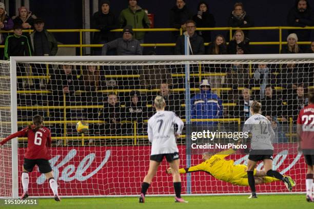 Phallon Tullis-Joyce, #91 of Manchester United WFC, is making a save during the FA Women's League Cup Group B match between Manchester City and...