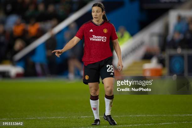 Rachel Williams of Manchester United WFC is gesticulating during the FA Women's League Cup Group B match between Manchester City and Manchester...