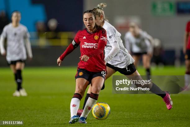 Katie Zelem of Manchester United WFC is in possession of the ball during the FA Women's League Cup Group B match between Manchester City and...