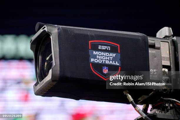 Detail view of an ESPN NFL Monday Night Football logo is seen on a tv camera in action during a game between the San Francisco 49ers and the...