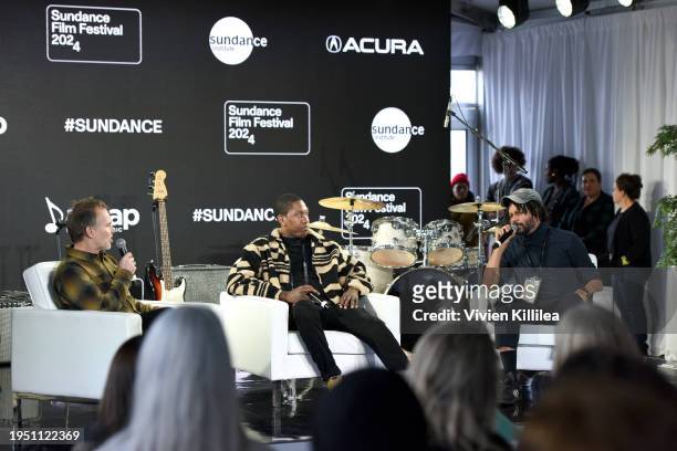 Erik Philbrook, Kemba, and J.M. Harper speak onstage during the ASCAP Music Cafe and ASCAP Screen Time hosted by Acura at the Acura House of Energy...