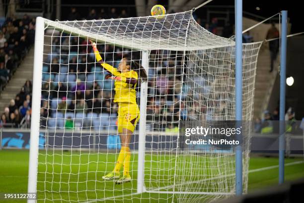 Phallon Tullis-Joyce, #91 of Manchester United WFC, is making a save during the FA Women's League Cup Group B match between Manchester City and...