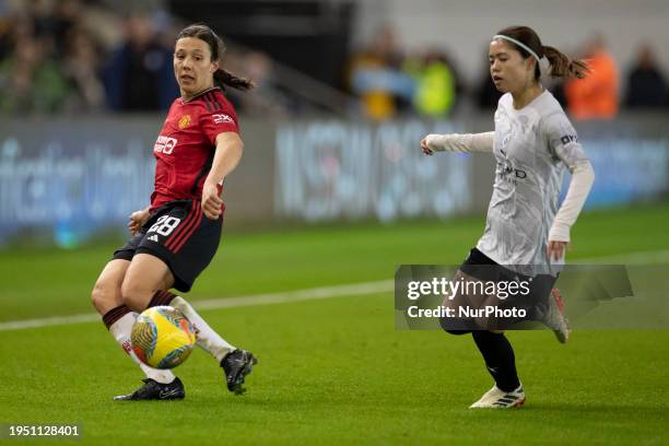 Rachel Williams of Manchester United WFC is passing the ball during the FA Women's League Cup Group B match between Manchester City and Manchester...