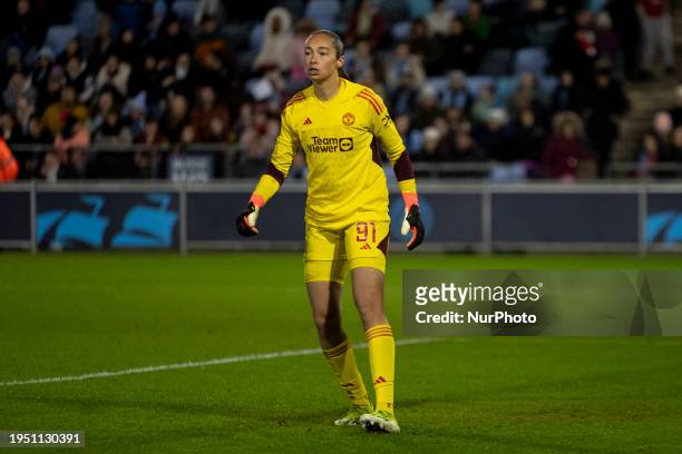 Phallon Tullis-Joyce, #91 of Manchester United WFC, is playing during the FA Women's League Cup Group B match between Manchester City and Manchester...