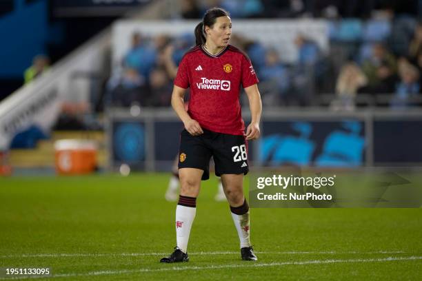 Rachel Williams of Manchester United WFC is playing during the FA Women's League Cup Group B match between Manchester City and Manchester United at...