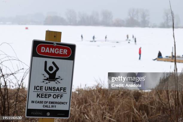 Warning sign of unsafe ice is seen near Frenchman's Bay in Pickering, Ontario, Canada on January 23, 2024.