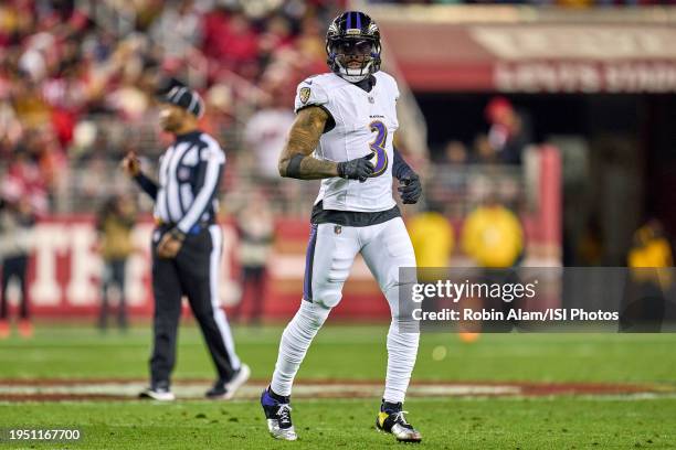 Odell Beckham Jr. #3 of the Baltimore Ravens looks on in action during a game between the San Francisco 49ers and the Baltimore Ravens at Levi's...