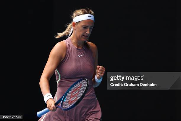 Victoria Azarenka celebrates a point during their round four singles match against Dayana Yastremska of Ukraine during the 2024 Australian Open at...