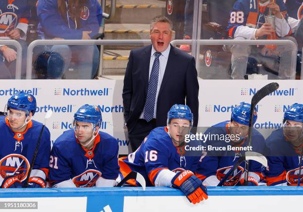 Head coach Patrick Roy of the New York Islanders handles bench duties in his first game with the team against the Dallas Stars at UBS Arena on...