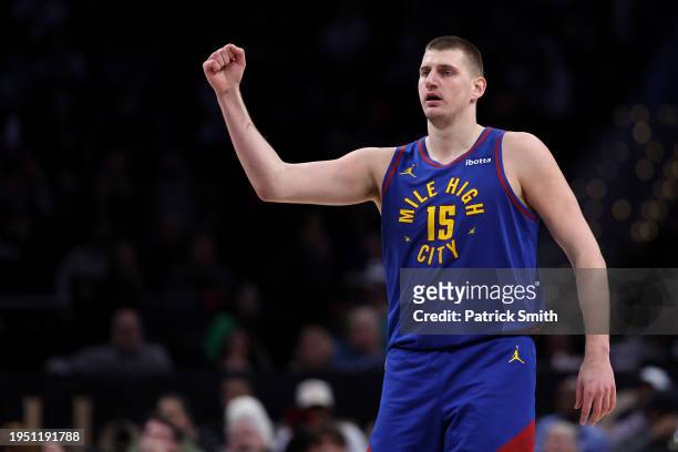 Nikola Jokic of the Denver Nuggets celebrates against the Washington Wizards during the second half at Capital One Arena on January 21, 2024 in...