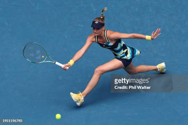 Dayana Yastremska of Ukraine plays a forehand during their round four singles match against Victoria Azarenka during the 2024 Australian Open at...