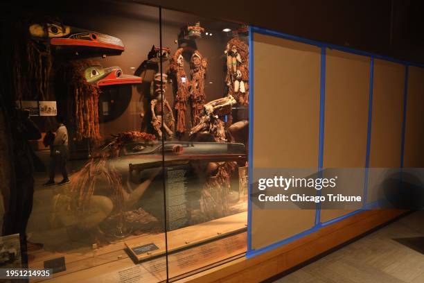 Field Museum display cases in the Halls of the Ancient Americs and the Hall of Northwest Coast and Arctic Peoples are seen covered on Jan. 18, 2024.