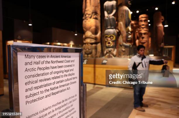 Messages for the public greet people upon arrival in the Halls of the Ancient Americas and the Hall of Northwest Coast and Arctic Peoples at the...