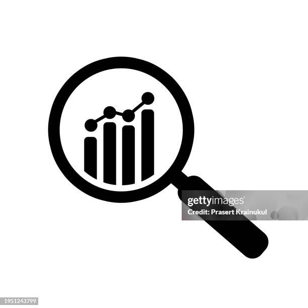 analytic vector icon - magnifying glass with bar chart on white - success vector stock pictures, royalty-free photos & images