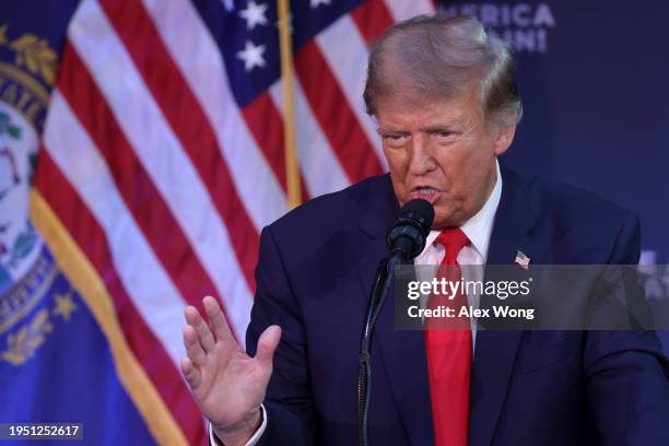 Republican presidential candidate and former President Donald Trump addresses a campaign rally at the Rochester Opera House on January 21, 2024 in...