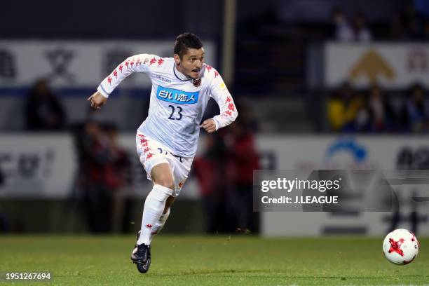 Diego Macedo of Consadole Sapporo in action during the J.League YBC Levain Cup Group A match between Jubilo Iwata and Consadole Sapporo at Yamaha...