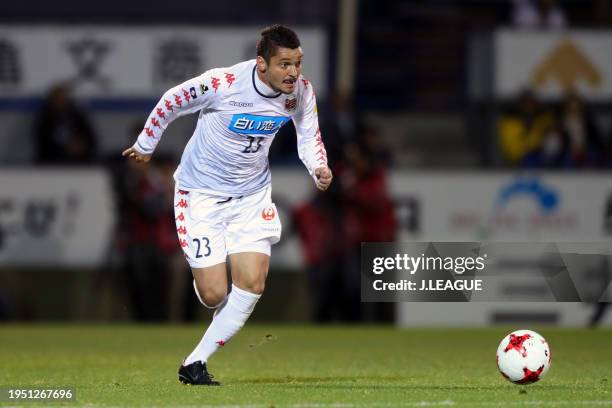 Diego Macedo of Consadole Sapporo in action during the J.League YBC Levain Cup Group A match between Jubilo Iwata and Consadole Sapporo at Yamaha...