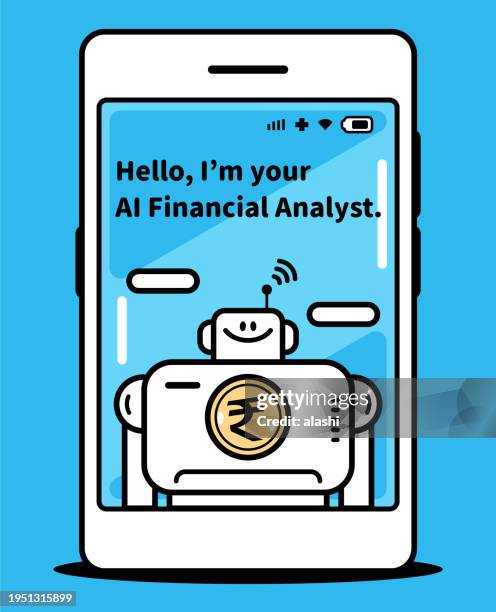 an ai financial analyst robot appears on the smartphone screen and greets you - financial analyst stock illustrations