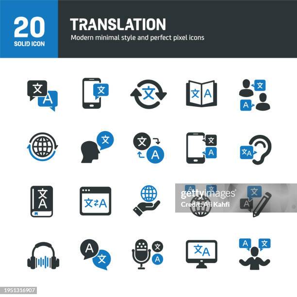 übersetzung einfarbige symbole. enthält eine sammlung von sprach-, zweisprachigen, kommunikations- und sprechenden soliden symbolen. vektor-illustration. für website-design, logo, app, vorlage, benutzeroberfläche usw. - übersetzung stock-grafiken, -clipart, -cartoons und -symbole