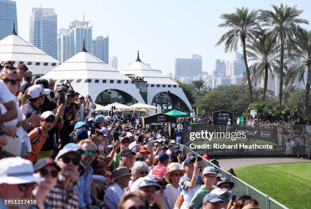 Rory McIlroy of Northern Ireland tee's off from the 1st during the final round of the Hero Dubai Desert Classic at Emirates Golf Club on January 21,...