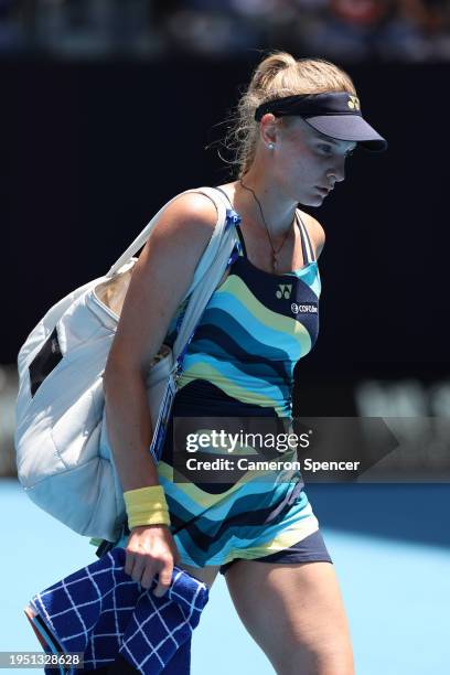 Dayana Yastremska of Ukraine walks off court for a toilet break during their round four singles match against Victoria Azarenka during the 2024...