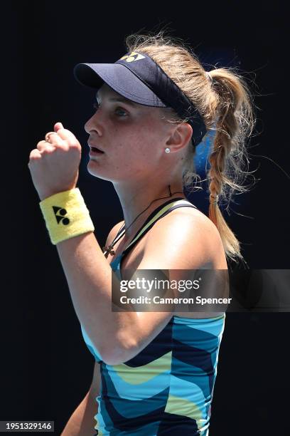 Dayana Yastremska of Ukraine celebrates winning the first set during their round four singles match against Victoria Azarenka during the 2024...