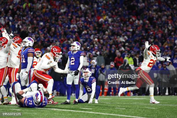 Justin Reid of the Kansas City Chiefs celebrates after Tyler Bass of the Buffalo Bills missed a 44 yard field goal attempt during the fourth quarter...