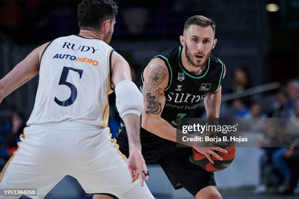 Rudy Fernandez of Real Madrid and Keith Hornsby of Bilbao Basket in action during Liga Endesa match between Real Madrid and Bilbao Basket at WiZink...