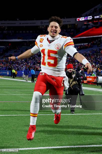 Patrick Mahomes of the Kansas City Chiefs celebrates after defeating the Buffalo Bills in the AFC Divisional Playoff game at Highmark Stadium on...
