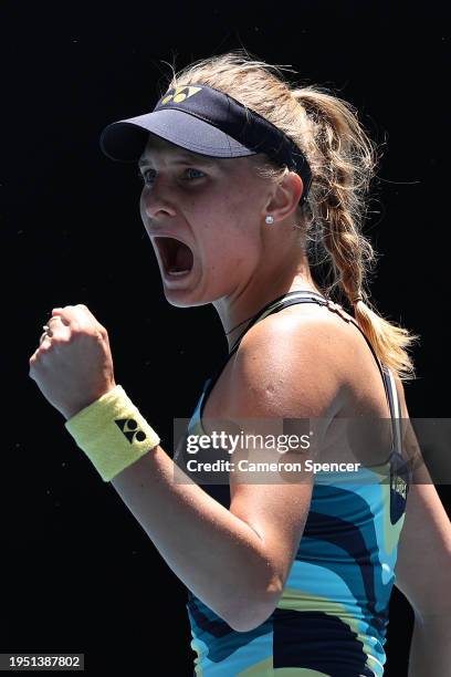 Dayana Yastremska of Ukraine celebrates a point during their round four singles match against Victoria Azarenka during the 2024 Australian Open at...