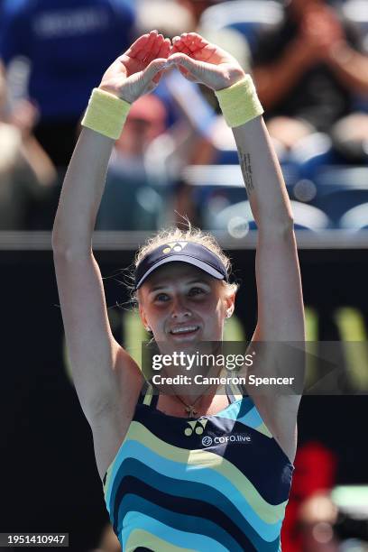 Dayana Yastremska of Ukraine celebrates winning in their round four singles match against Victoria Azarenka during the 2024 Australian Open at...