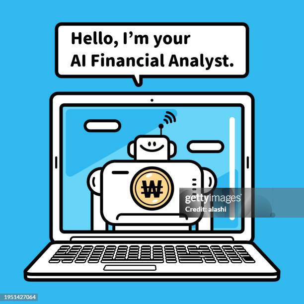 an ai financial analyst robot appears on the laptop computer screen and greets you - financial analyst stock illustrations