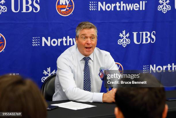 Head coach Patrick Roy of the New York Islanders speaks the media following the game against the Dallas Stars at UBS Arena on January 21, 2024 in...