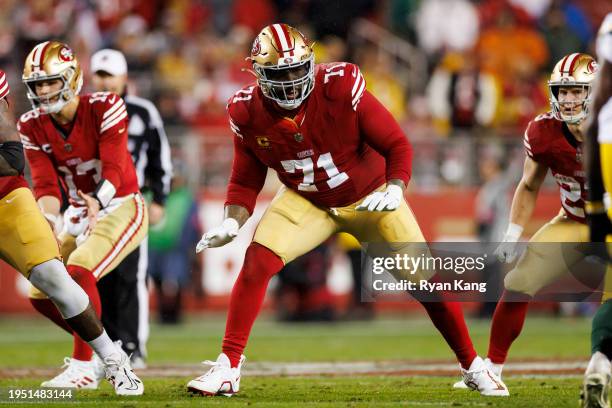 Trent Williams of the San Francisco 49ers blocks during an NFC divisional round playoff football game against the Green Bay Packers at Levi's Stadium...