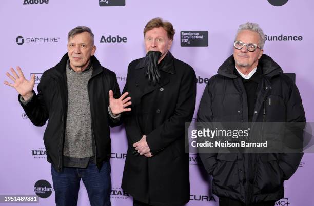 Bob Mothersbaugh, Gerald Casale, and Mark Mothersbaugh of Devo attend the "DEVO" Premiere during the 2024 Sundance Film Festival at Library Center...