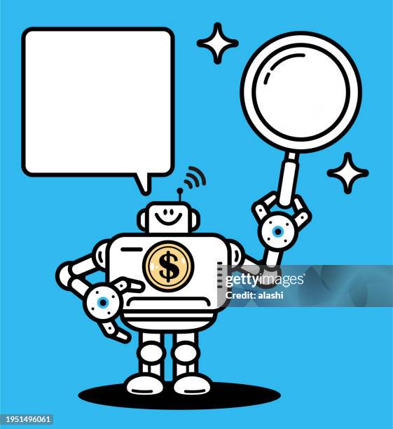 an ai financial analyst robot holding a magnifying glass in one hand - financial analyst stock illustrations
