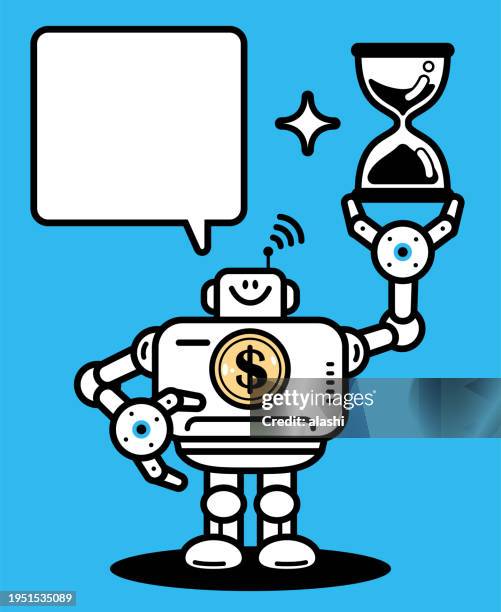 an ai financial analyst robot holds an hourglass time clock - financial analyst stock illustrations