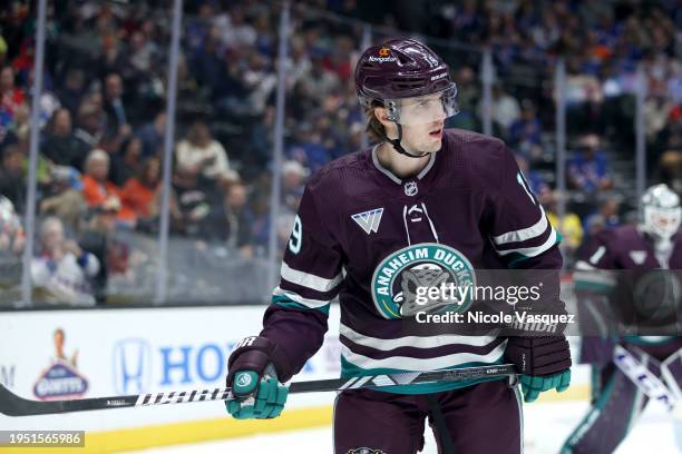 Troy Terry of the Anaheim Ducks look on in the first period during the game against the New York Rangers at Honda Center on January 21, 2024 in...