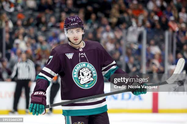 Frank Vatrano of the Anaheim Ducks looks on in the second period during the game against the New York Rangers at Honda Center on January 21, 2024 in...