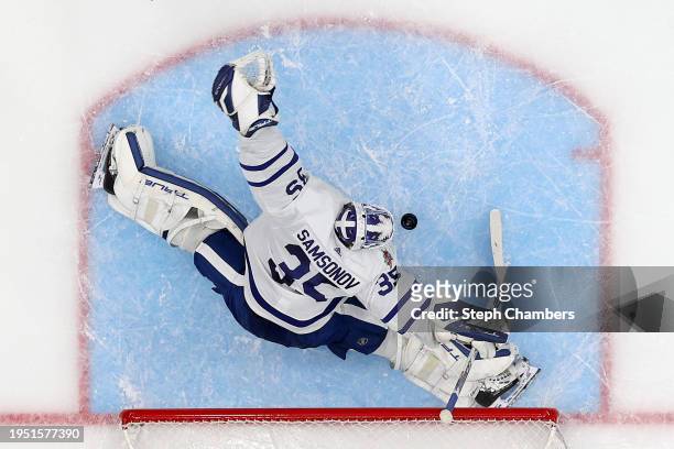 Ilya Samsonov of the Toronto Maple Leafs makes a split save against the Seattle Kraken during the third period at Climate Pledge Arena on January 21,...